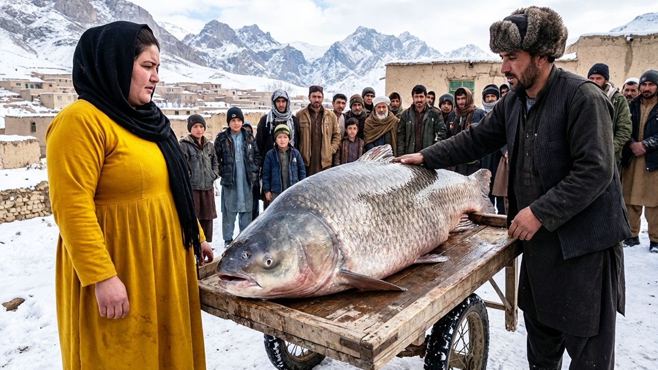 Afghanistan Winter Survival | Hunting + Cooking a Giant Monster Fish in Snow