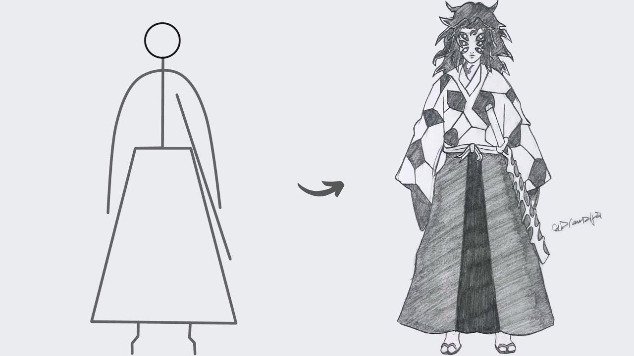 How to draw Kokushibo full body out of stickman | Easy step-by-step