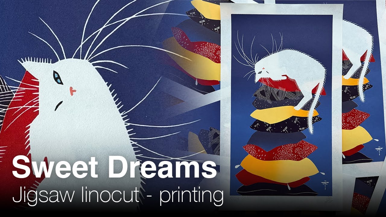 Sweet Dreams - jigsaw linocut printing process | Art by Tatiana Svistunova