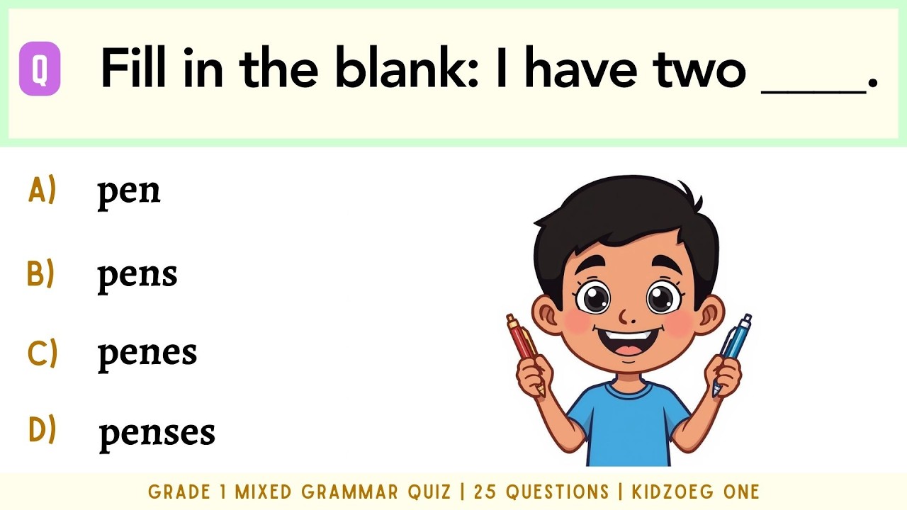Grade 1 Mixed Grammar Quiz | 25 Practice Questions for Kids Learning English | Online Grammar Test