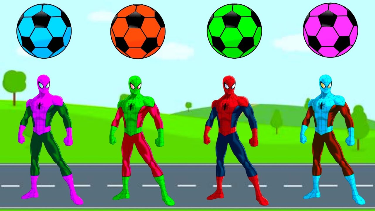 Purple Spider-Man vs Green Spider-Man vs Red Spider-Man vs Blue Spider-Man Balls Colours  Matching