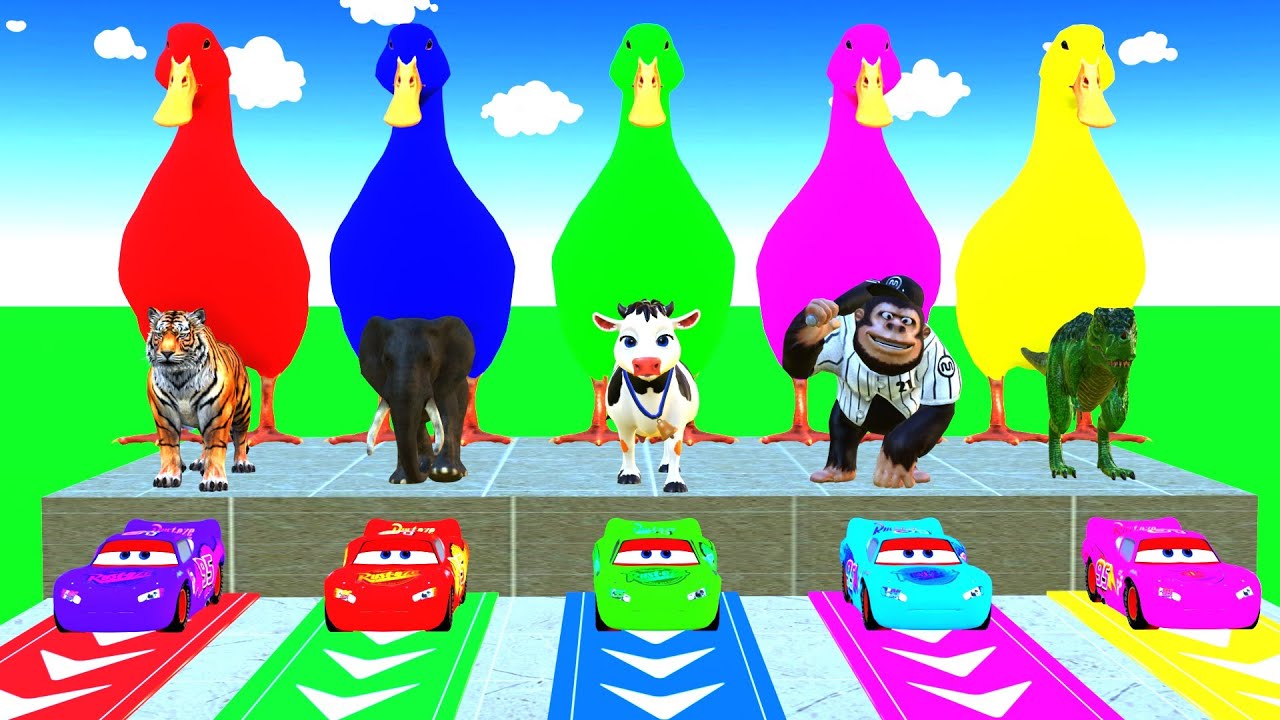 Long Slide Game With Elephant Gorilla Cow  Tiger Trex Monkey Funny 3D Animal Game