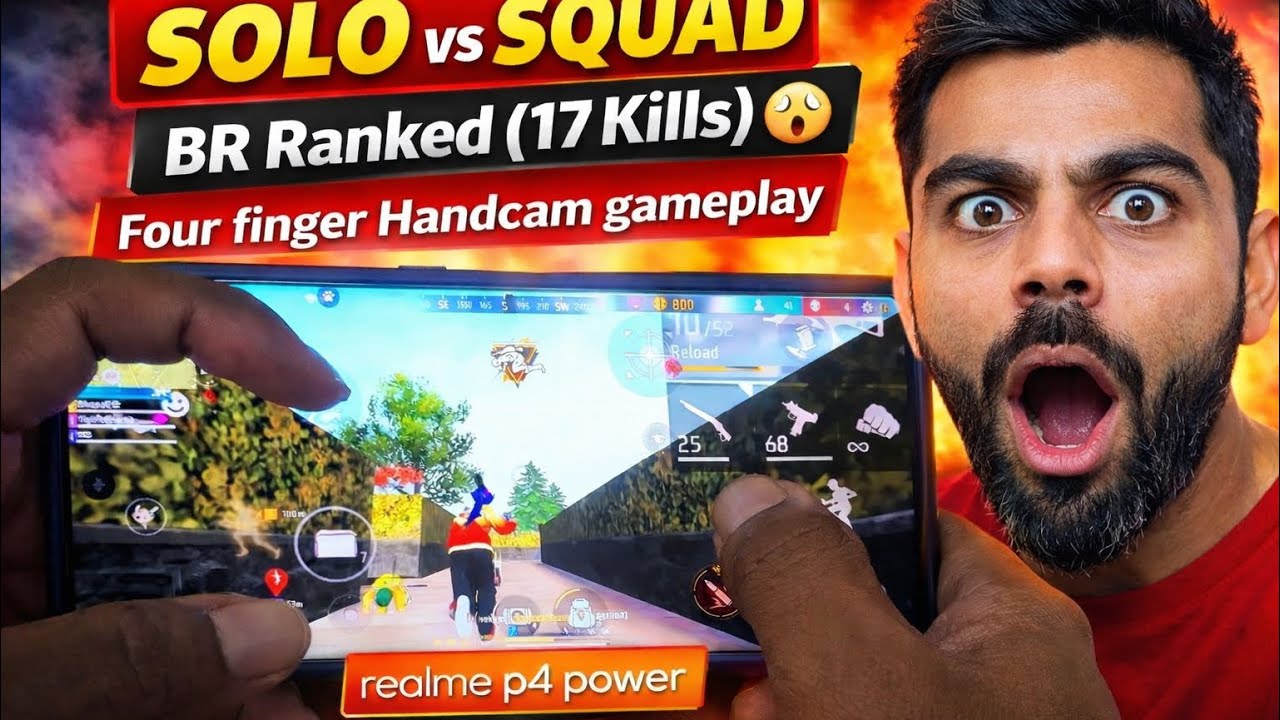 Solo va squad (BR ranked 17kills)😮//four finger Handcam gameplay realme p4 power. @bihari4ff #viral 