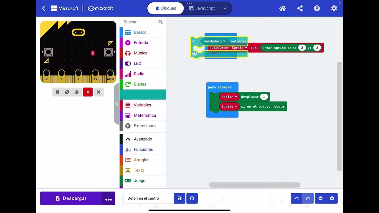 Juego det&eacute;n en el centro micro:bit