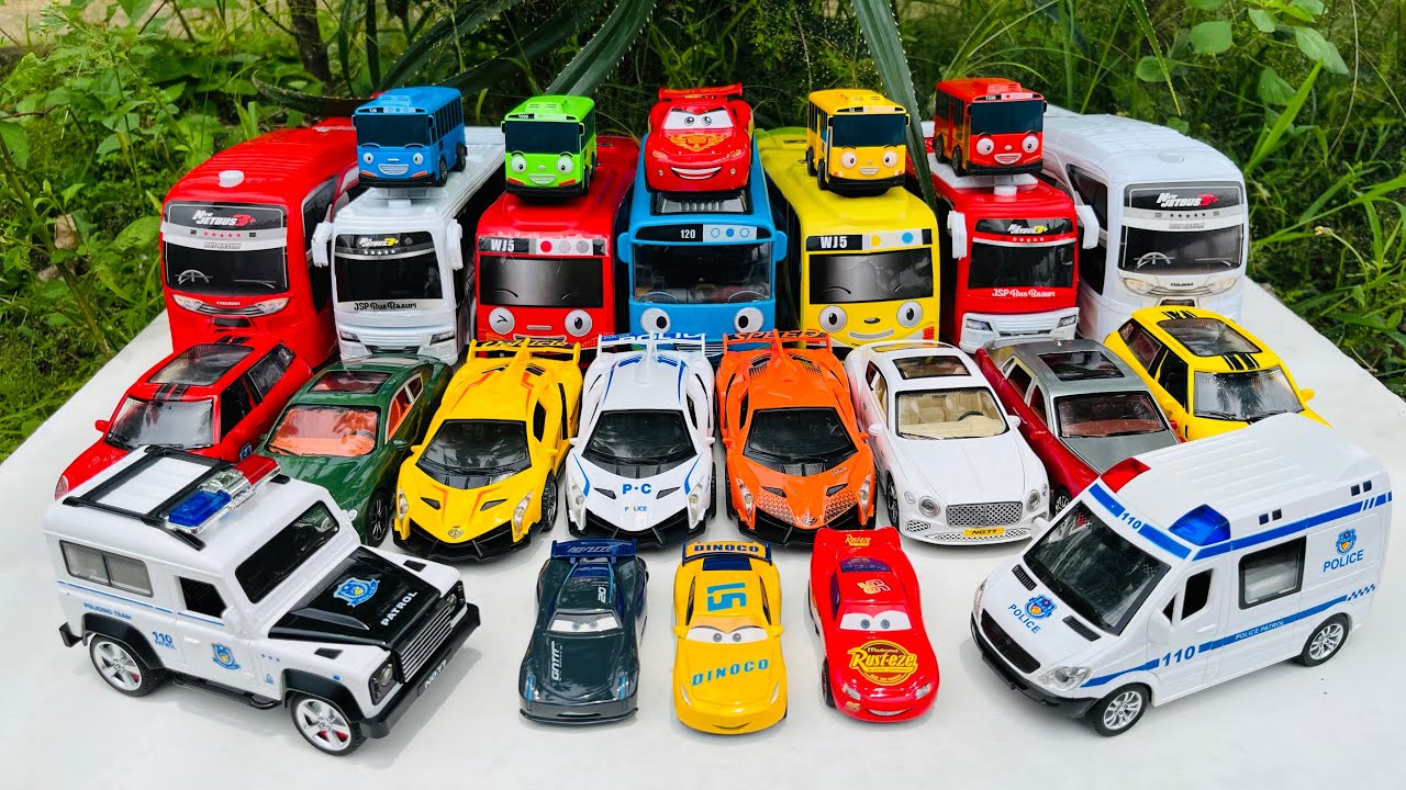 Unboxing toy cars trucks, Tayo, Police cars, Lightning McQueen, Doc Hudson, Sally Carrera, Crus #667
