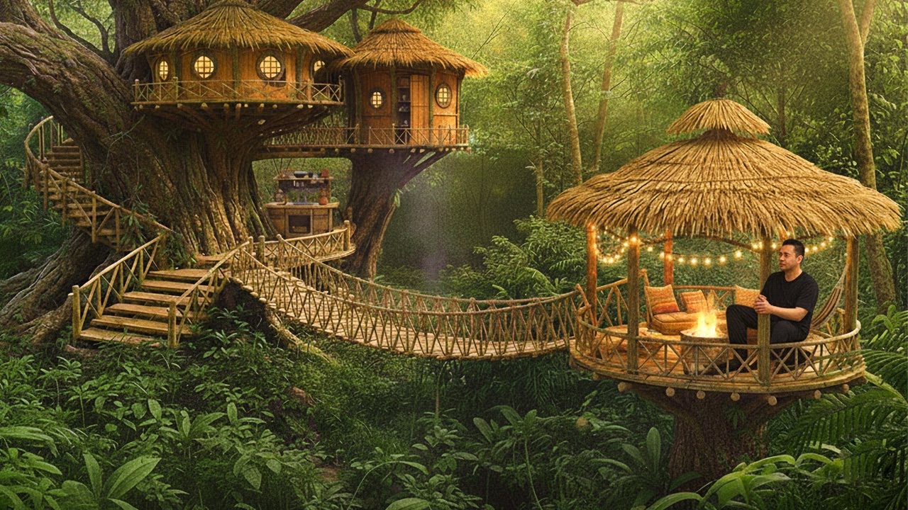 Man Builds Cooking Hut & Rest Area Beside His Treehouse | Surviving Alone in the Stormy Rainforest