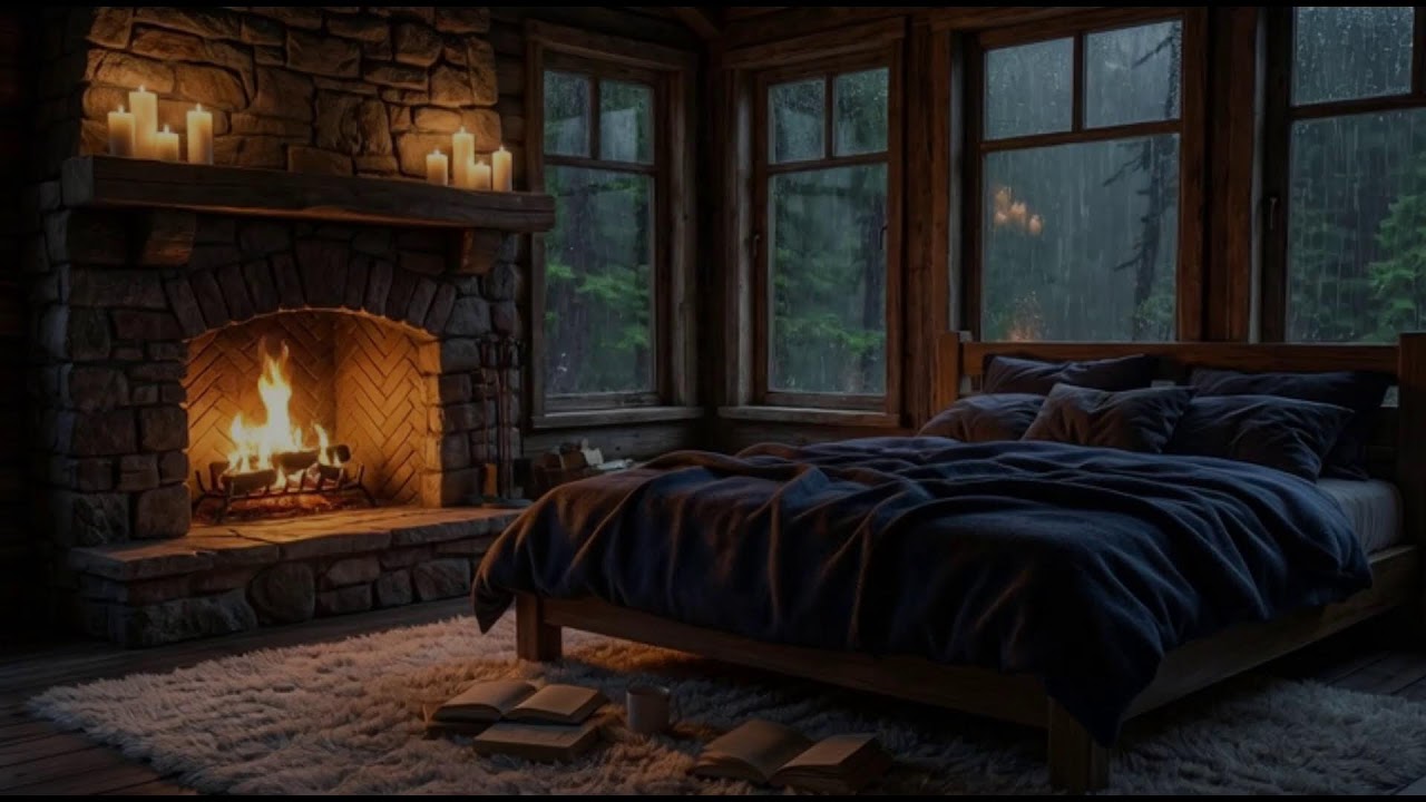 Deep Sleep Sounds Heavy Rain on a Cozy Forest Cabin with Fireplace & Thunder
