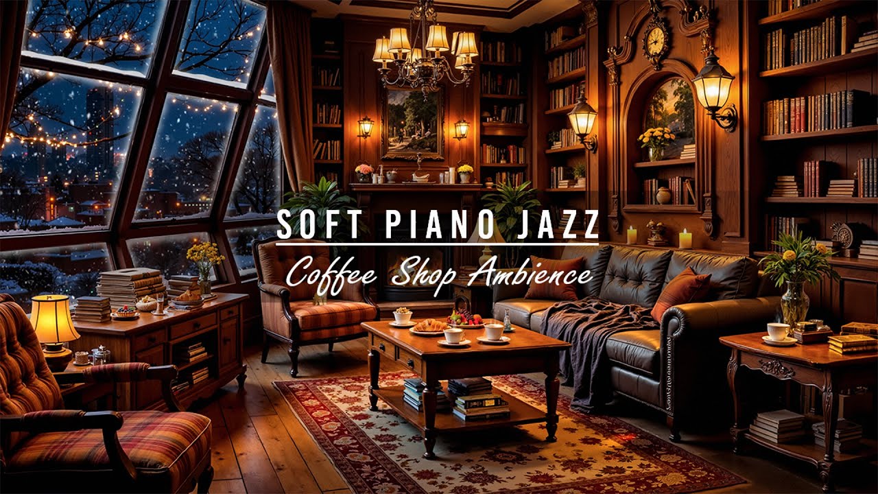 Quiet Winter Corner Coffee Shop Ambience❄️ Soft Piano Jazz & Fireplace Sounds for Relaxing, Studying
