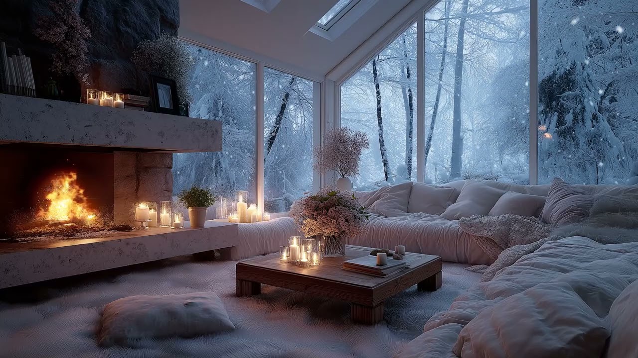 Warm Fireplace and Snowy Silence Ambience for Romantic Winter Reflection