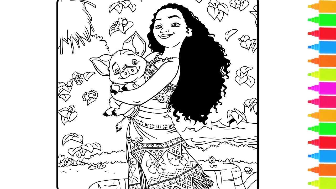 Coloring Moana, Maui, Pua and Hei Hei the Rooster | Disney Moana Coloring Book Pages