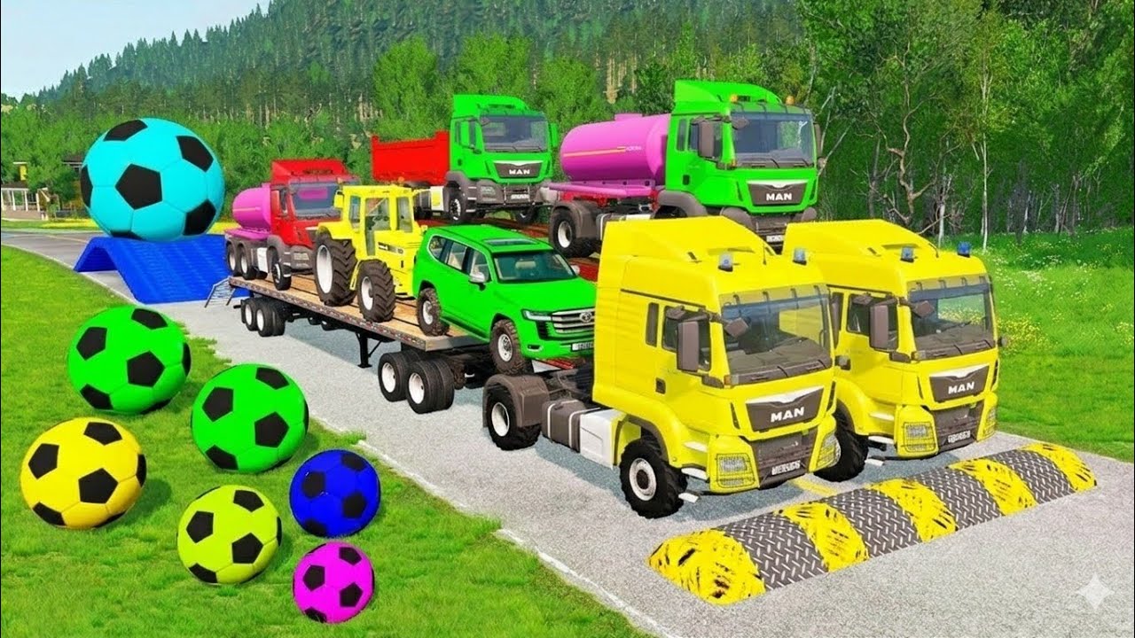 Flatbed Trailer McQueen Transportation with Truck Speedbumps vs Cars vs Train - BeamNG.Drive #14