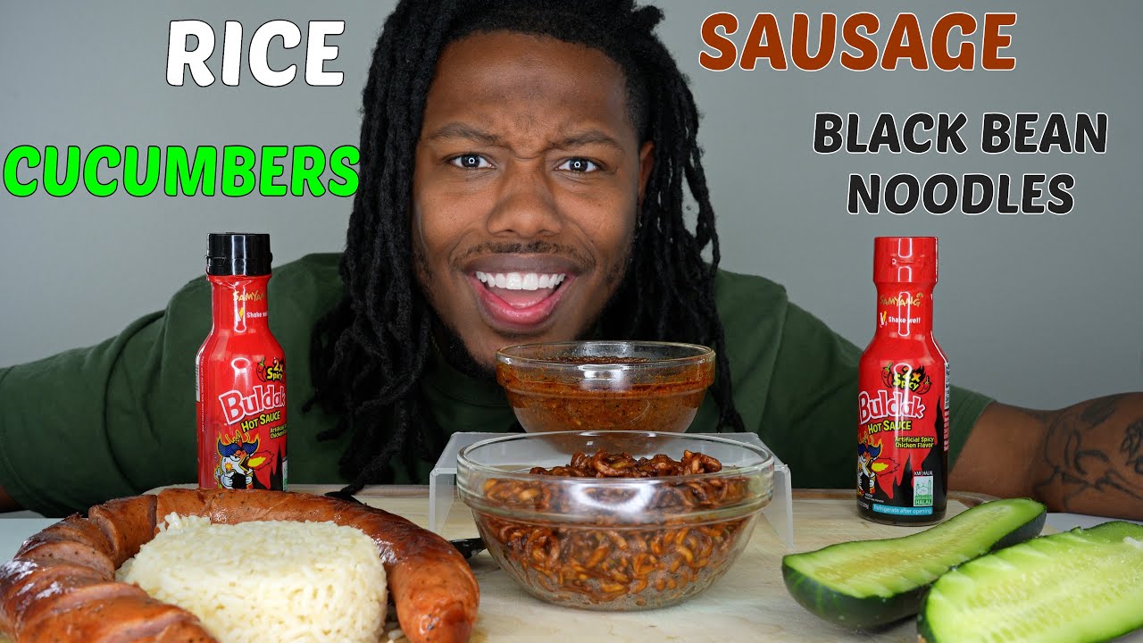 SAUSAGE + RICE + CUCUMBER + BLACK BEAN NOODLE  MUKBANG