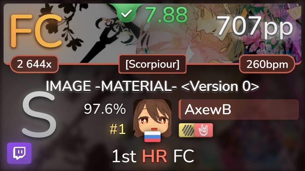 AxewB First HR FC on IMAGE -MATERIAL- [Scorpiour] +HDHR 97.6% (#1 707pp FC) - osu!
