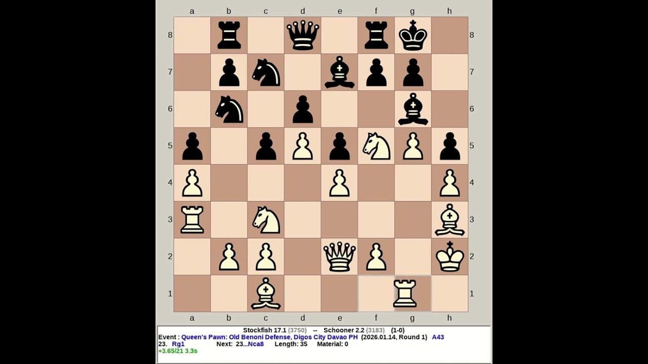 Stockfish 17.1 vs Schooner 2.2 | Queen's Pawn: Old Benoni Defense #chess