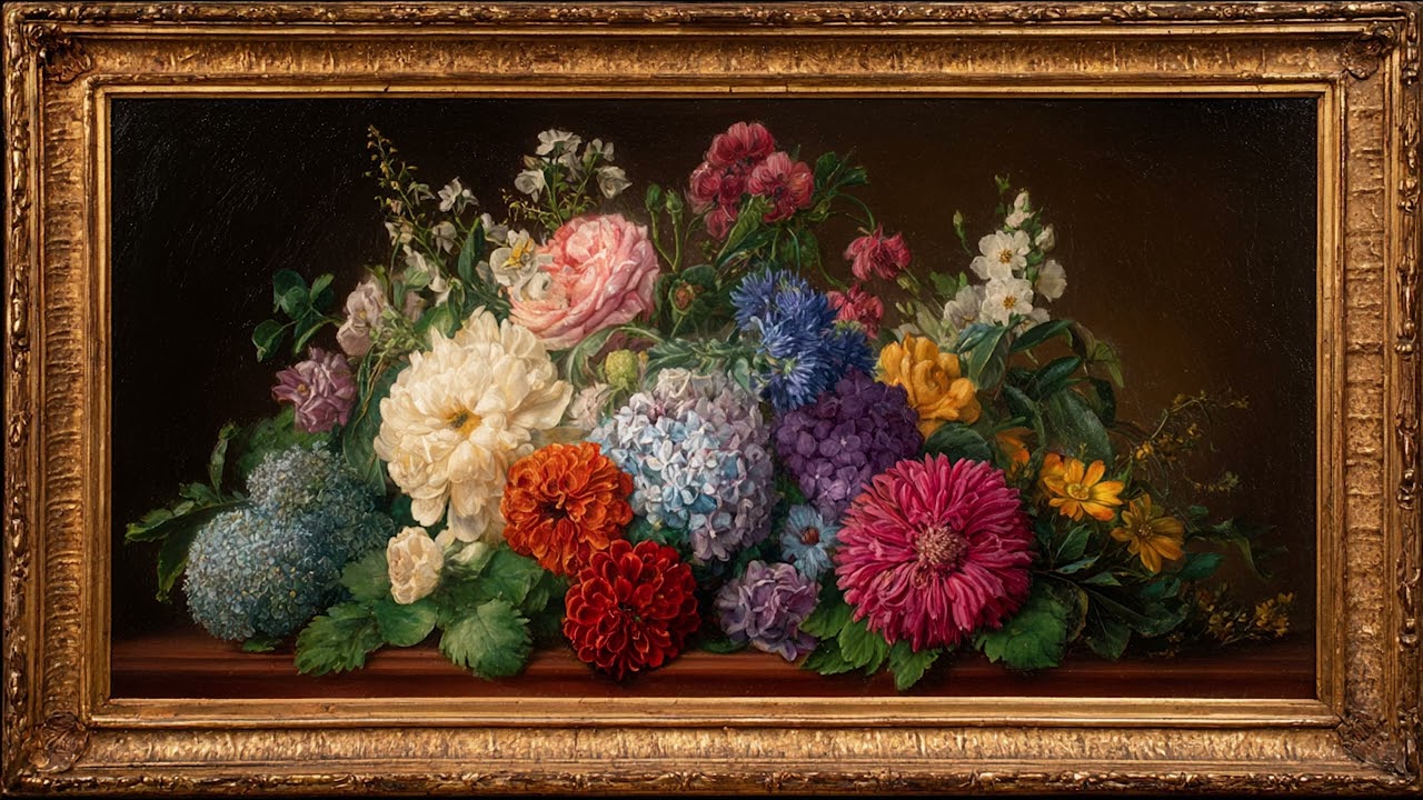 Vintage Floral Still Life Painting | Classic Flowers in Gold Frame | TV Art Screensaver | 8 Hours