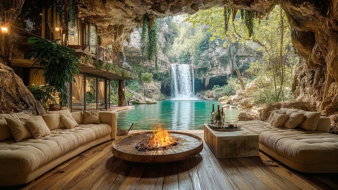 Tropical Cave Waterfall Oasis 💧🔥 | Forest Birds + Fire Sounds for Meditation & Focus