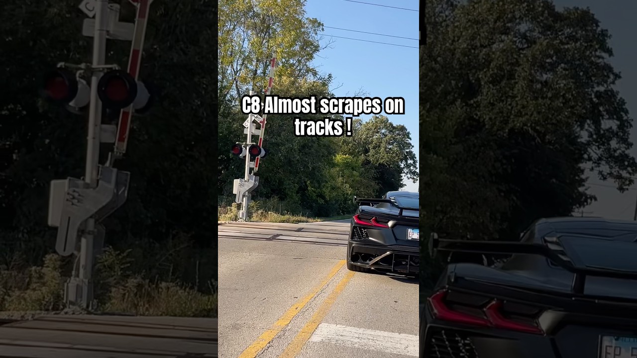 C8 corvette nearly scrapes on rail road ! 
