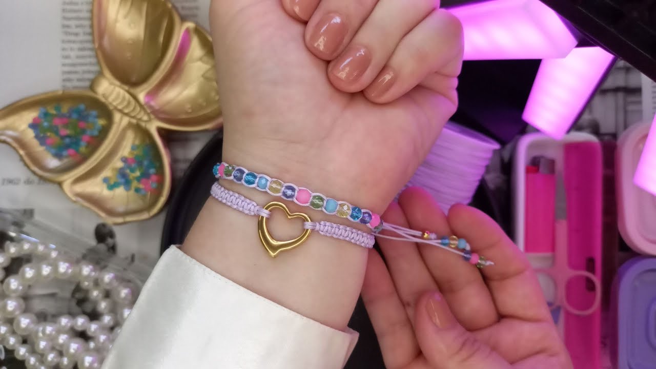 Pulseras de hilo NUDO PLANO con dije corazón  y pulsera con cristales de colores TUTORIAL fácil