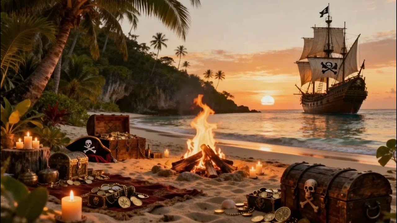 Pirate’s beach bonfire🏴‍☠️Gasparilla background ambience ocean & fire sounds