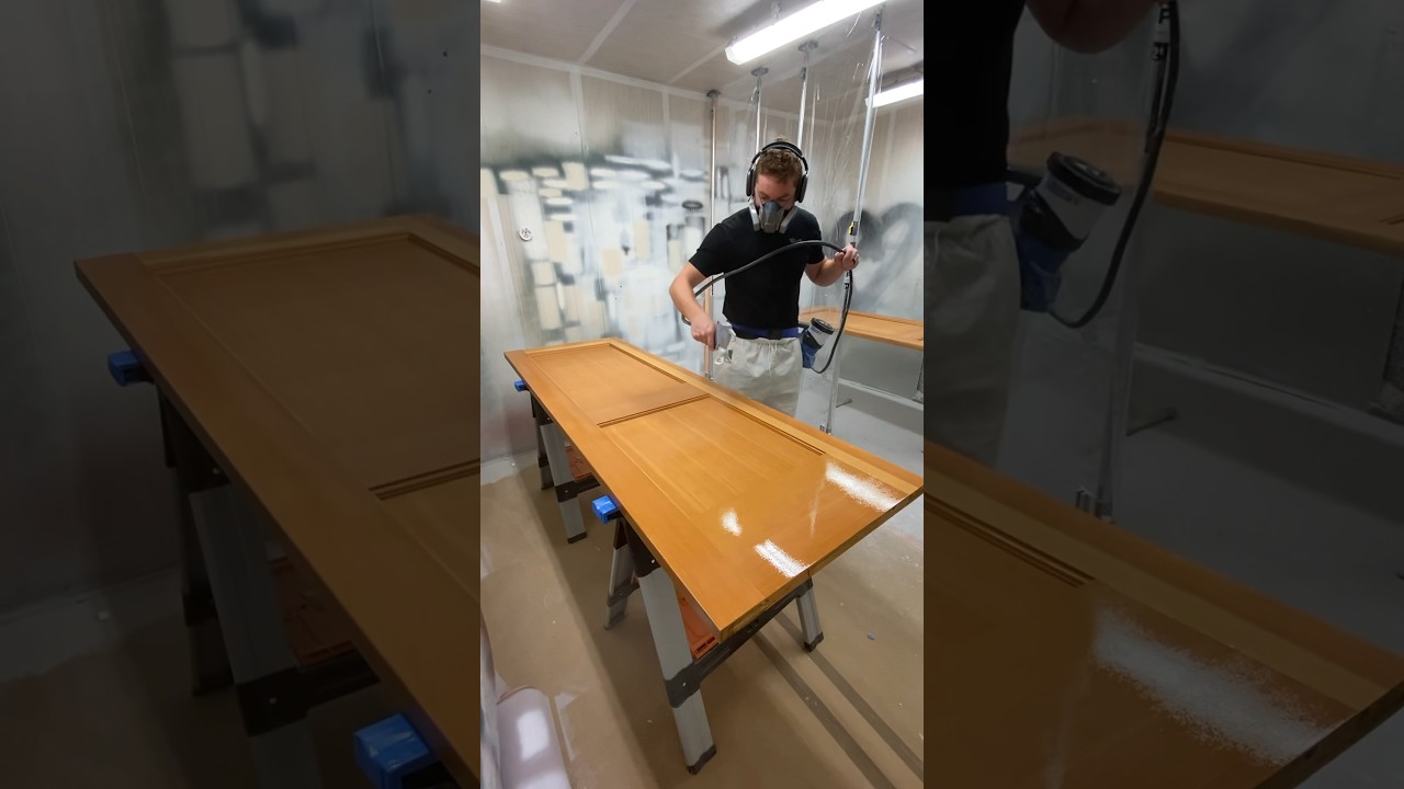 Spraying Clear Coats On Doors 🚪 envirothane 100 series reduced 3% + 10% elcat100 #clear #coating