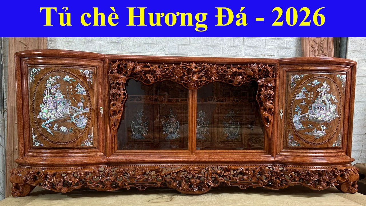 Mẫu tủ chè hương đá cánh cong khảm ốc đỏ 