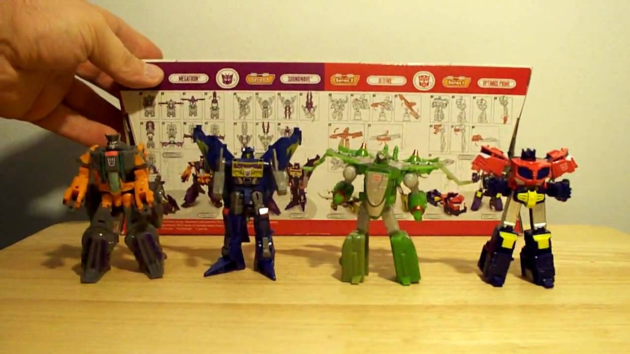 TRANSFORMERS CYBERTRON 4 PACK OPTIMUS PRIME MEGATRON JETFIRE SOUNDWAVE LEGENDS TOY REVIEW