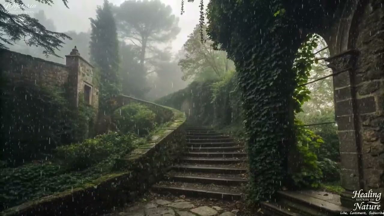 Rainy Medieval Staircase to the Hidden Garden | Wysteria Ambience for Deep Focus
