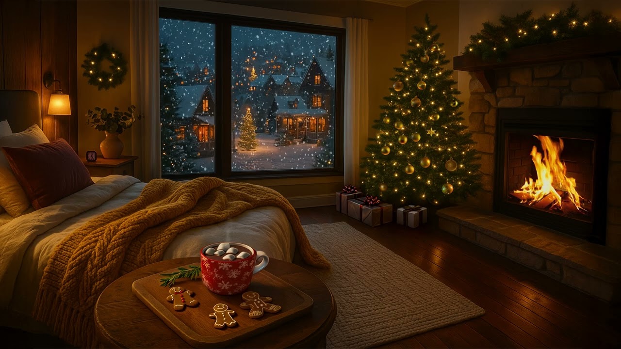 🎄 Cozy Christmas Bedroom Fireplace Ambience | Snowfall, Crackling Fire & Holiday Warmth