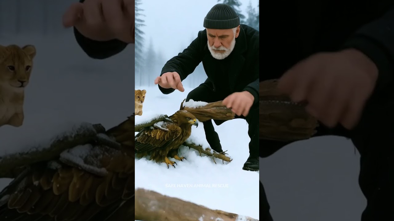 Injured Eagle Rescued by Old Man with Help from Brave Lion Cub | Emotional Wildlife Rescue #shorts