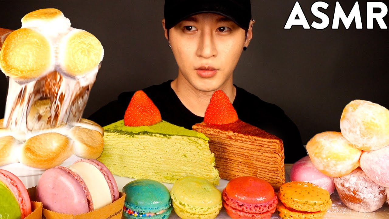 ASMR MUKBANG S'MORES DIP & CREPE CAKE & MOCHI ICE CREAM & MACARONS & MACARON ICE CREAM (No Talking)