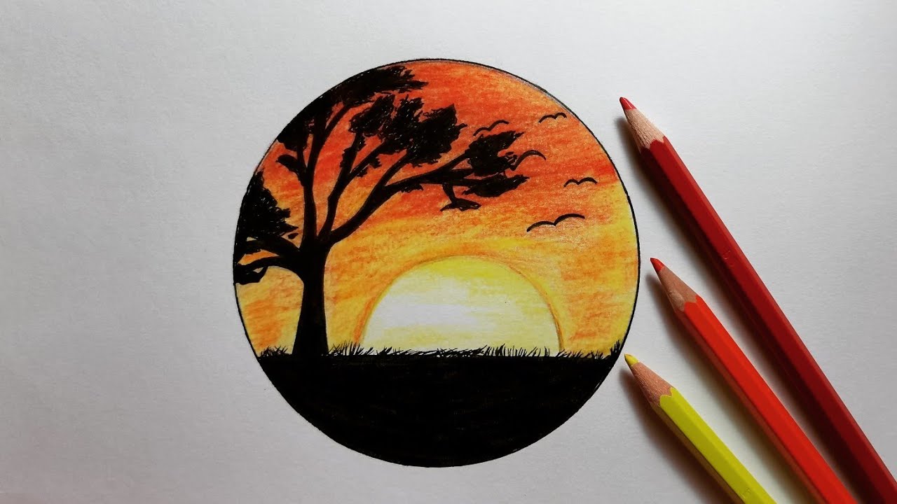 رسم منظر طبيعي سهل رسم الغروب بالألوان الخشبية للمبتدئين خطوة بخطوة how to draw land space easy