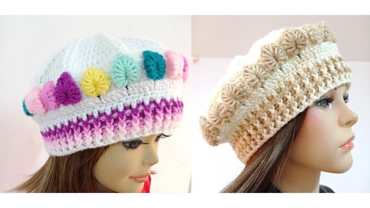 Como tejer la Boina N°44 a crochet o ganchillo en punto hojas en fila para damas y niñas paso a paso
