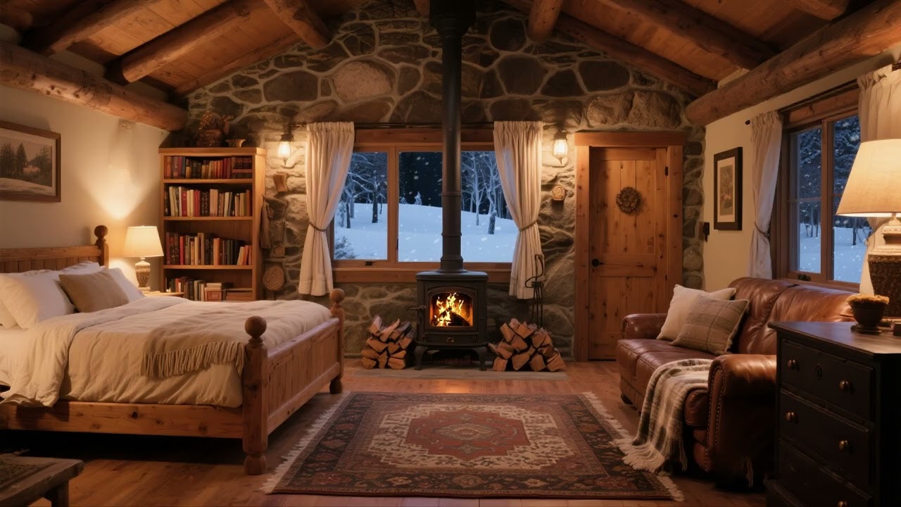 [White Noise] Winter Atmosphere: A snowy village, a warm fireplace, and a beautiful snow scene ❄️