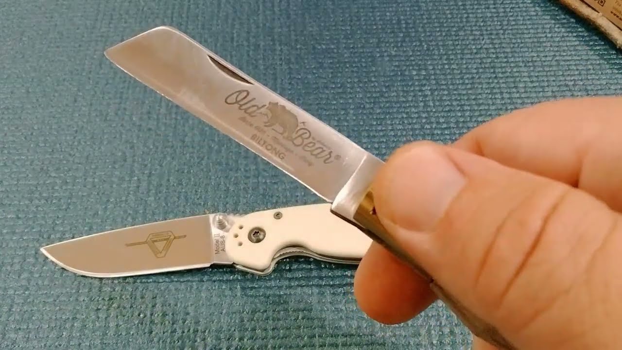 🌎 KNIVES OF THE WORLD 🌎 🐻 OLD BEAR - BILTONG KNIFE - SHEEPSFOOT WITH A BRASS SAFETY RING LOCK 🐻