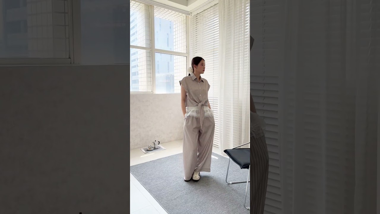 兩件套！條紋落肩無袖綁帶襯衫+鬆緊腰條紋寬褲r0217#ootd #fashion #搭配分享 #miustar