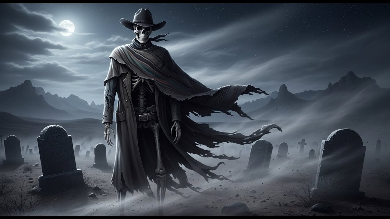 A Skeletal Cowboy Under the Gothic Western Moon 4K