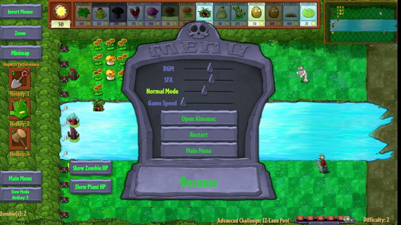 Plants Vs. Zombies Fusion (English) NEW V3.0! | Minigames | 12-Lanes Challenge (Pool)