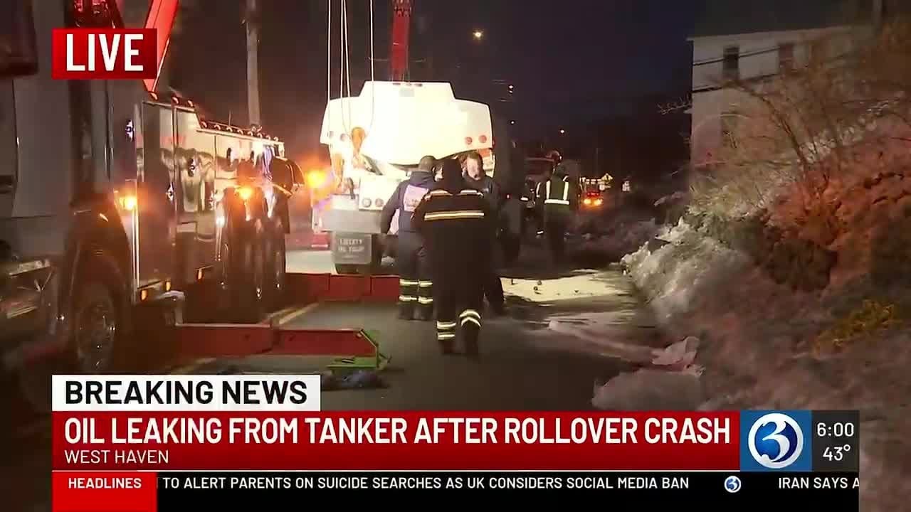 Oil leaking from tanker over rollover crash in West Haven