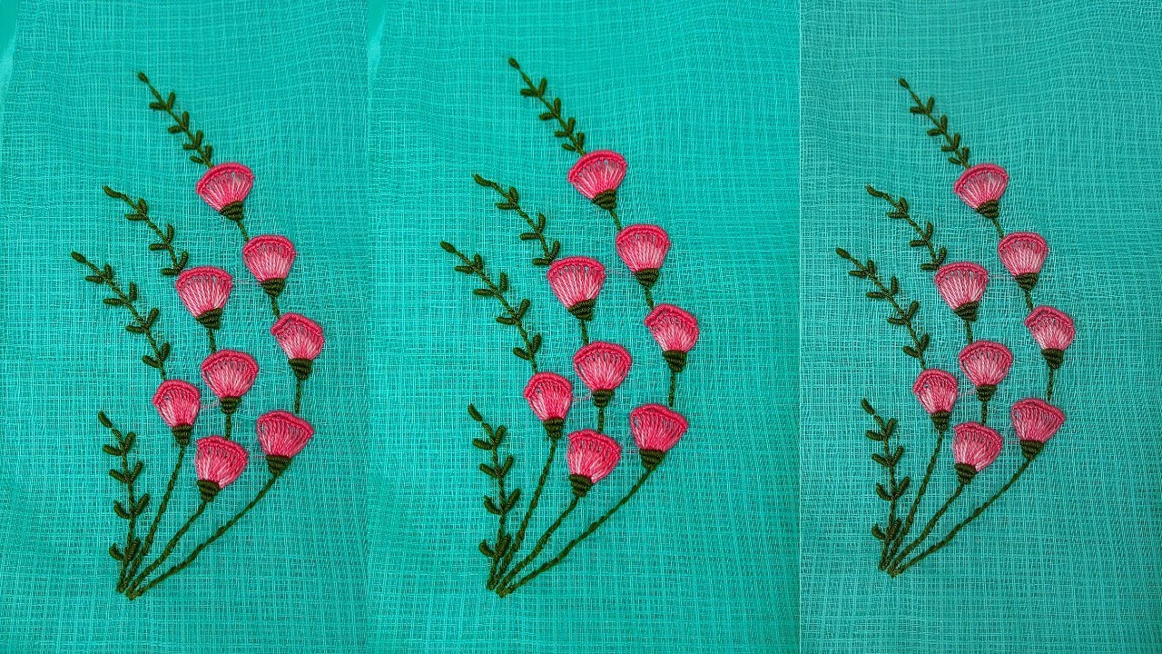 Simple and very easy hand embroidery floral design on saree using blanket and bullion knot stitch