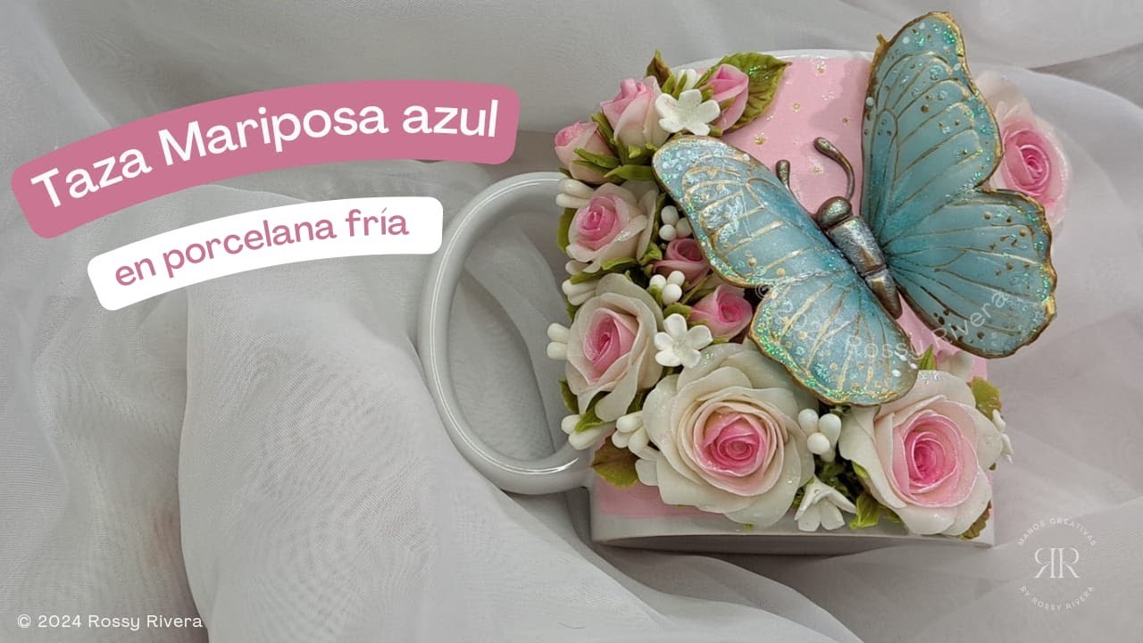 Taza Mariposa Azul con Rosas en porcelana fría | Manos Creativas