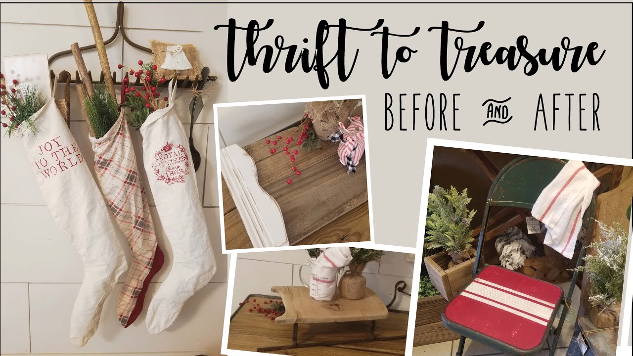 Thrift to Treasure • metal chair • stamping stockings • Christmas sled • wooden tray
