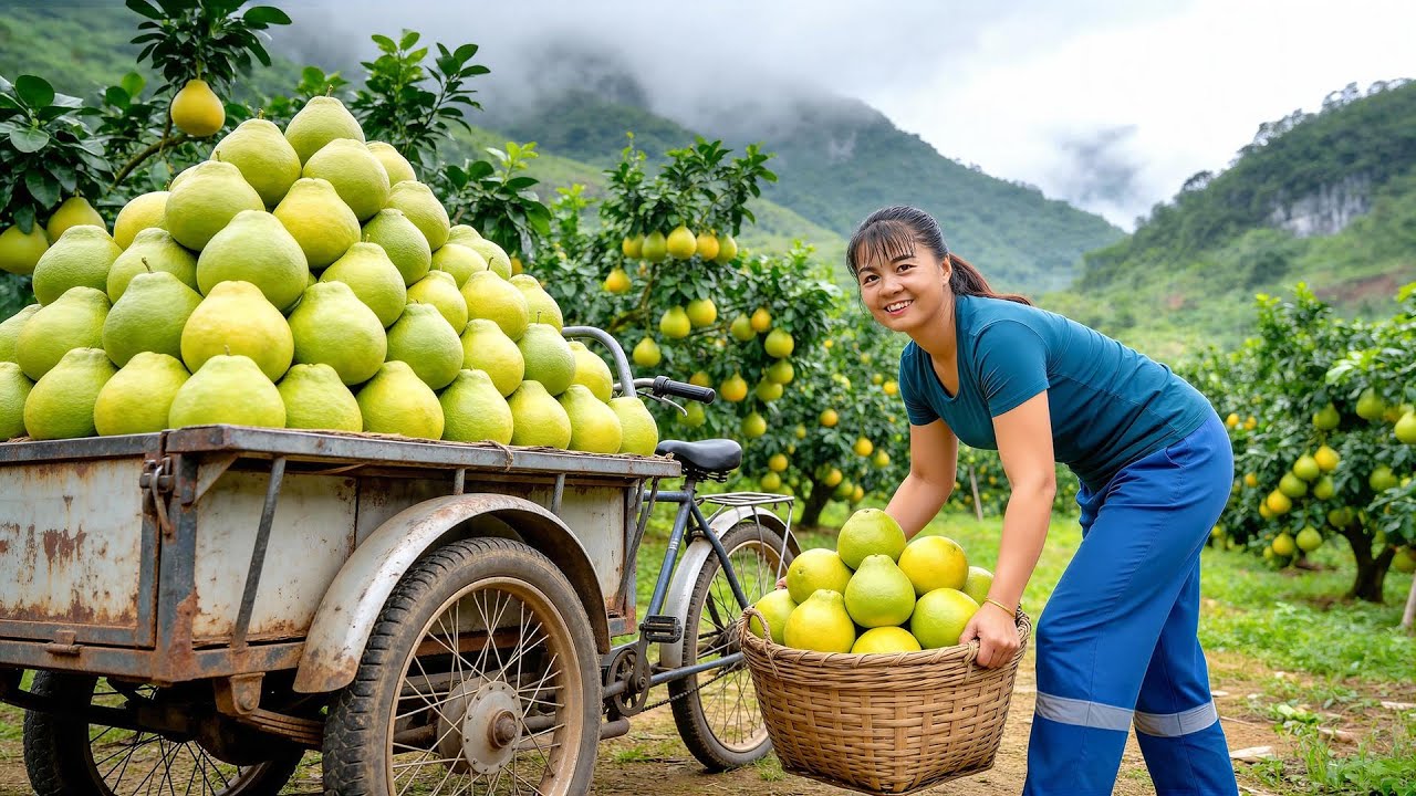 Timelapse - Harvesting 1000 Green Grapefruits | 3-Wheeled Truck Transport to Countryside Market