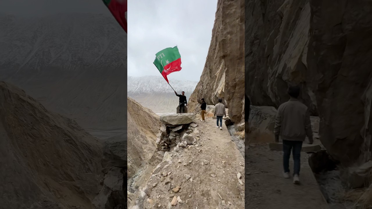 PTI flag on Death track Thagas Val #mountains #pti #imrankhan