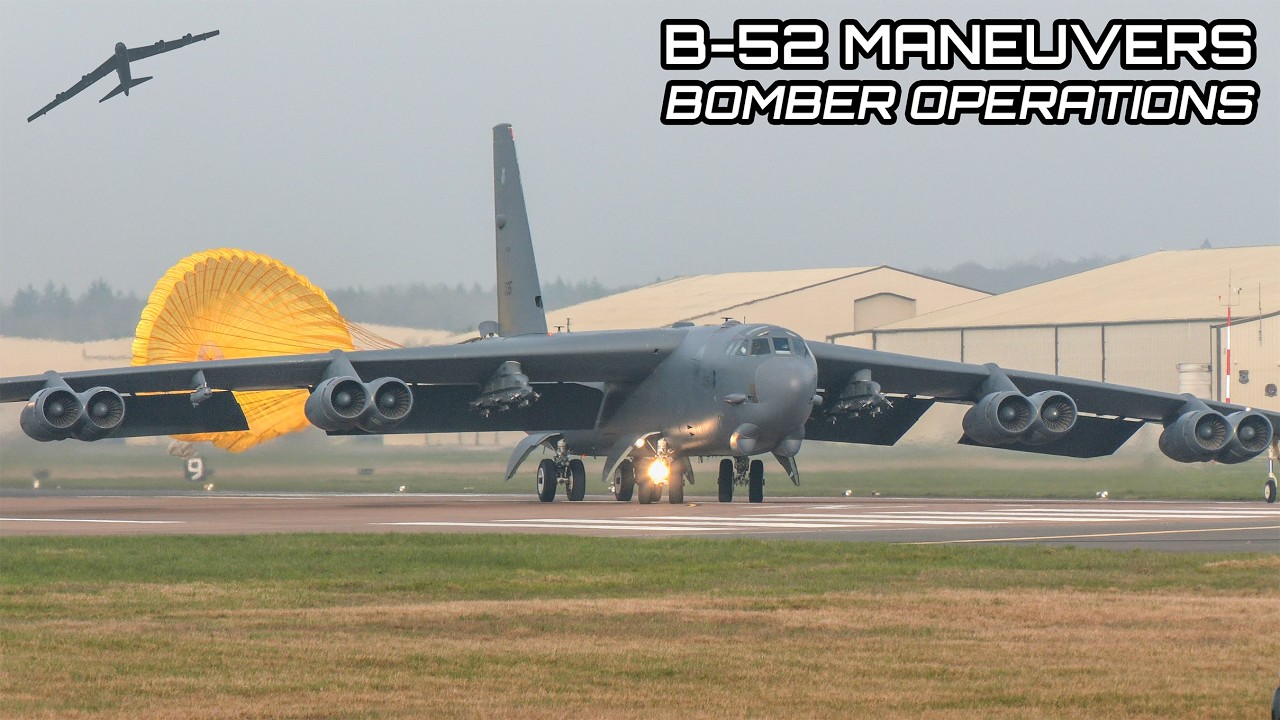 B-52 bombers launch on a strike mission before returning for a sharp landing