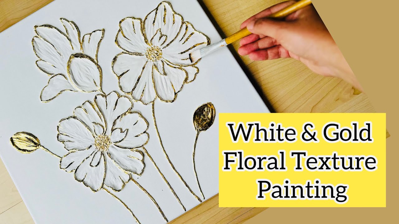 How to Create White Floral Texture Painting with Gold Leaf | Step-by-Step | Minimal Luxury Wall Art