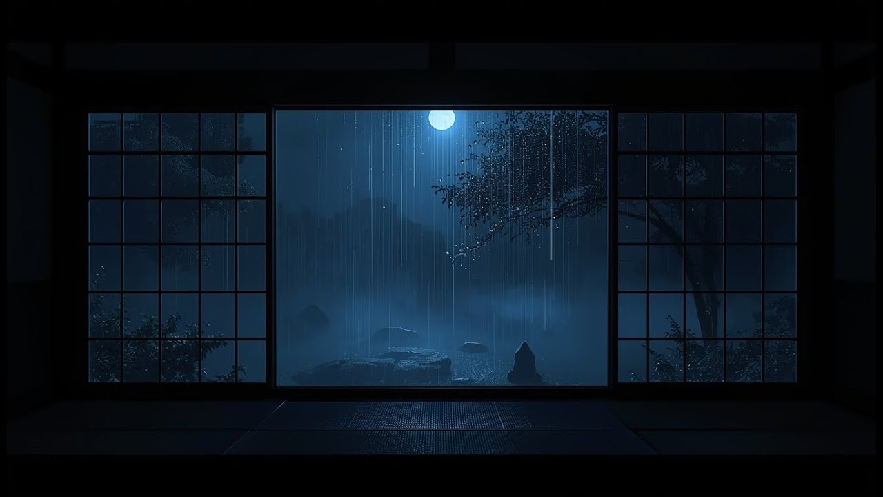 Rain at Night Through the Window 🌙 Calm Japanese Garden | 1 Hour for Sleep & Relax