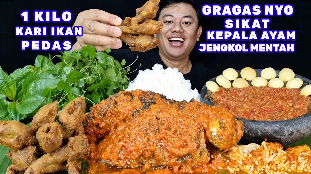 KREMUS KEPALA AYAM⁉️ MAKAN 1 KILO KARI IKAN PEDAS LALAPAN JENGKOL MENTAH SAMBEL TERASI NIKMAT EUY
