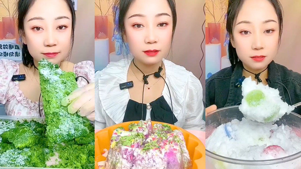 Green Crystal Ice and Rainbow Snow Dessert Texture Tasting