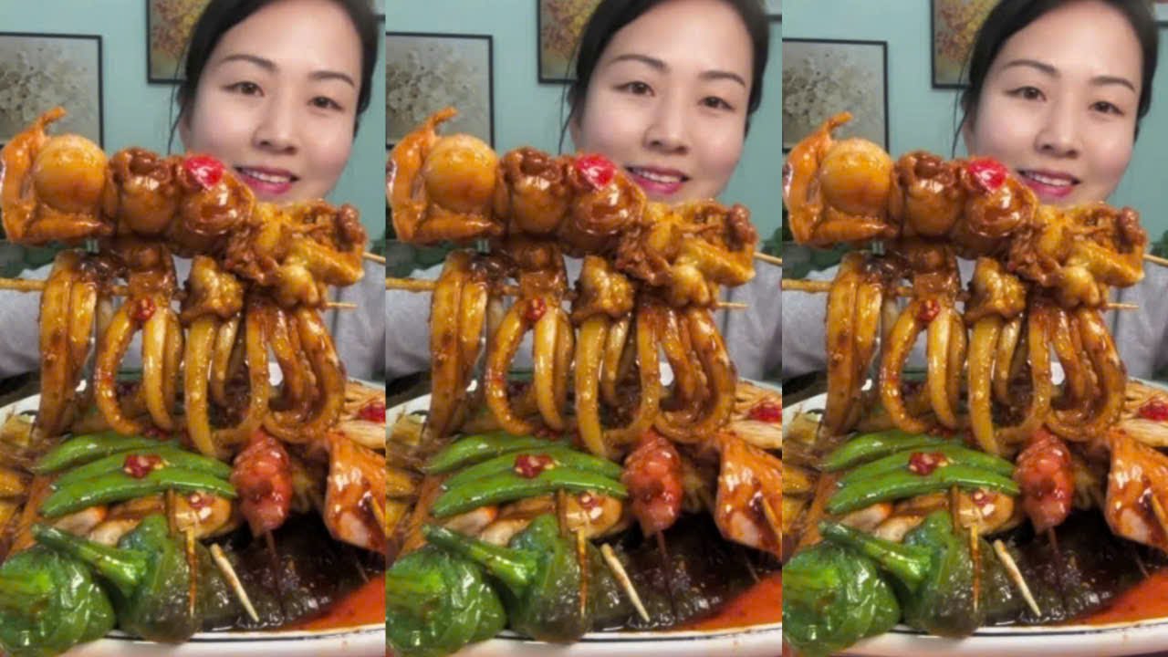 Mukbang Yang Zai Food | Eat Fried Skewers with Seafood, Vegetables, and Strips Spicy