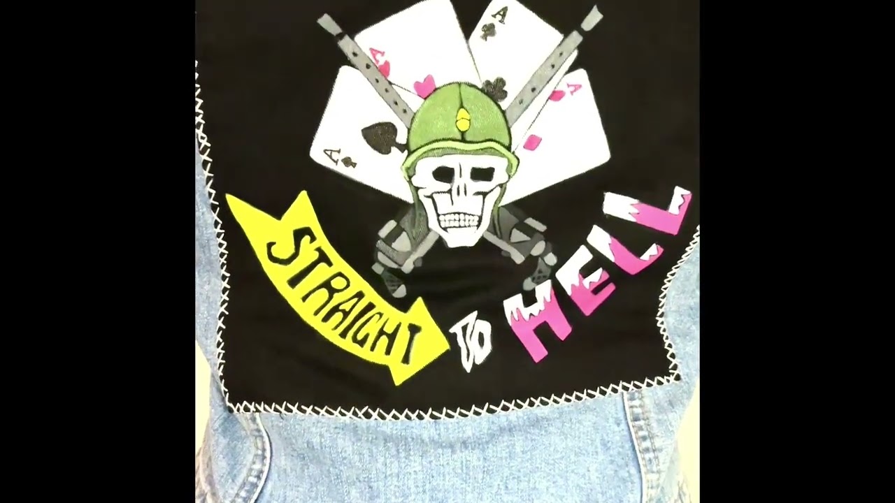 The Clash Back Patch Vest Blue Denim Red Tartan Black Vinyl Hand Painted Battle Vest, Punk Clothing